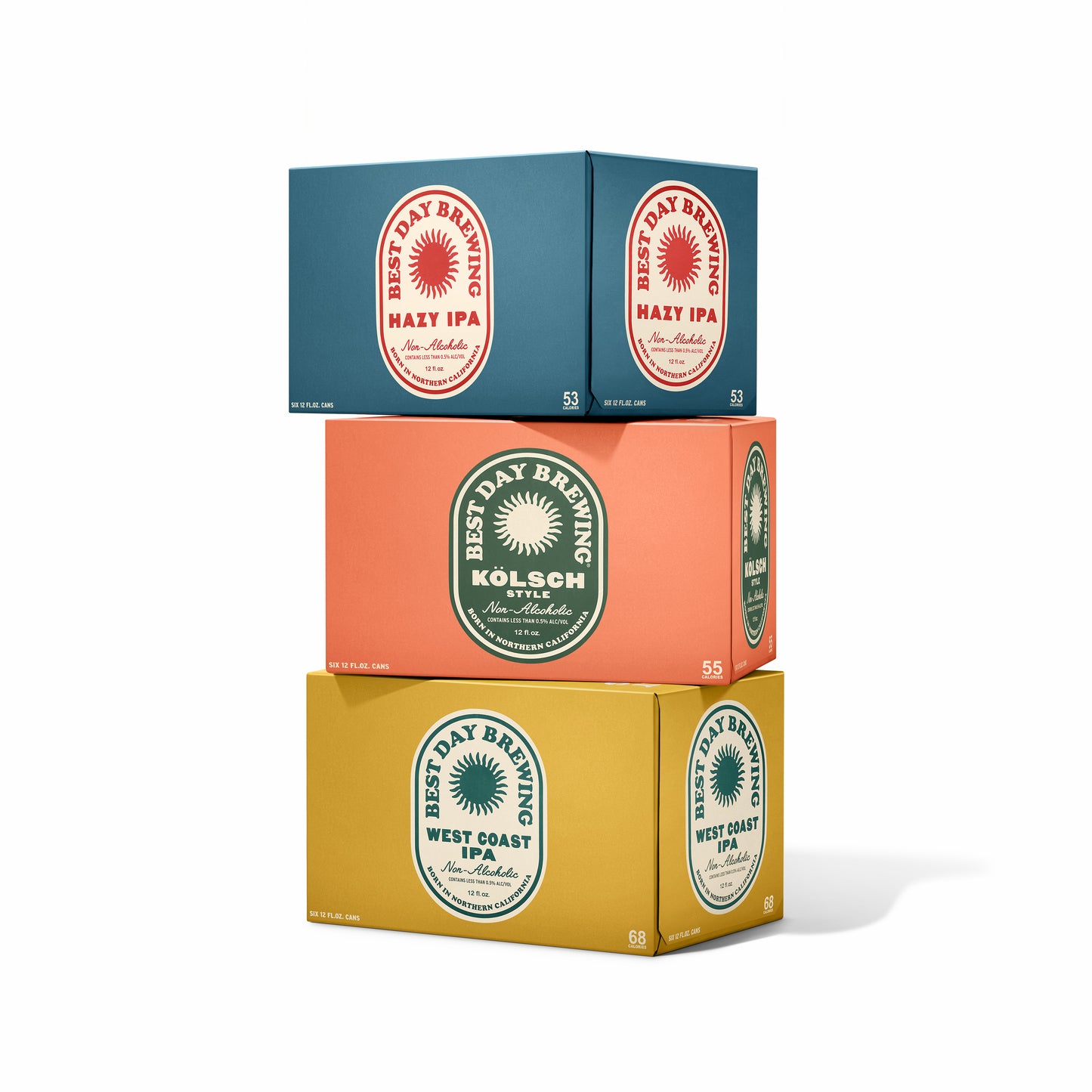 Three boxes of Kolsch, Hazy IPA, and West Coast IPA stacked in a tower.