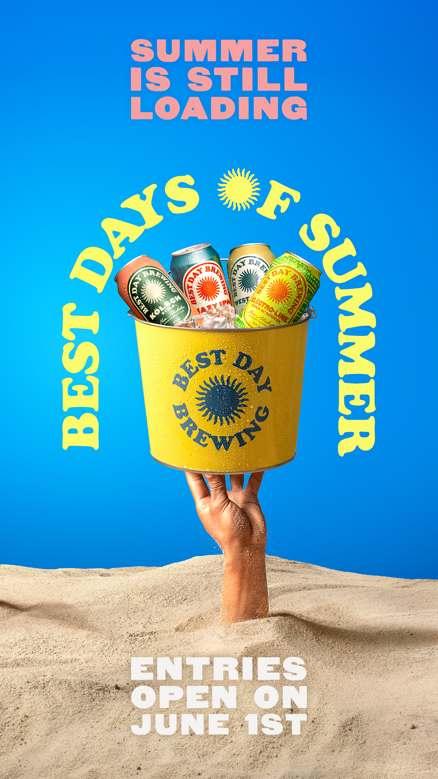 Promotional poster for 'Best Day Brewing' with a bucket of beers and text about summer events.