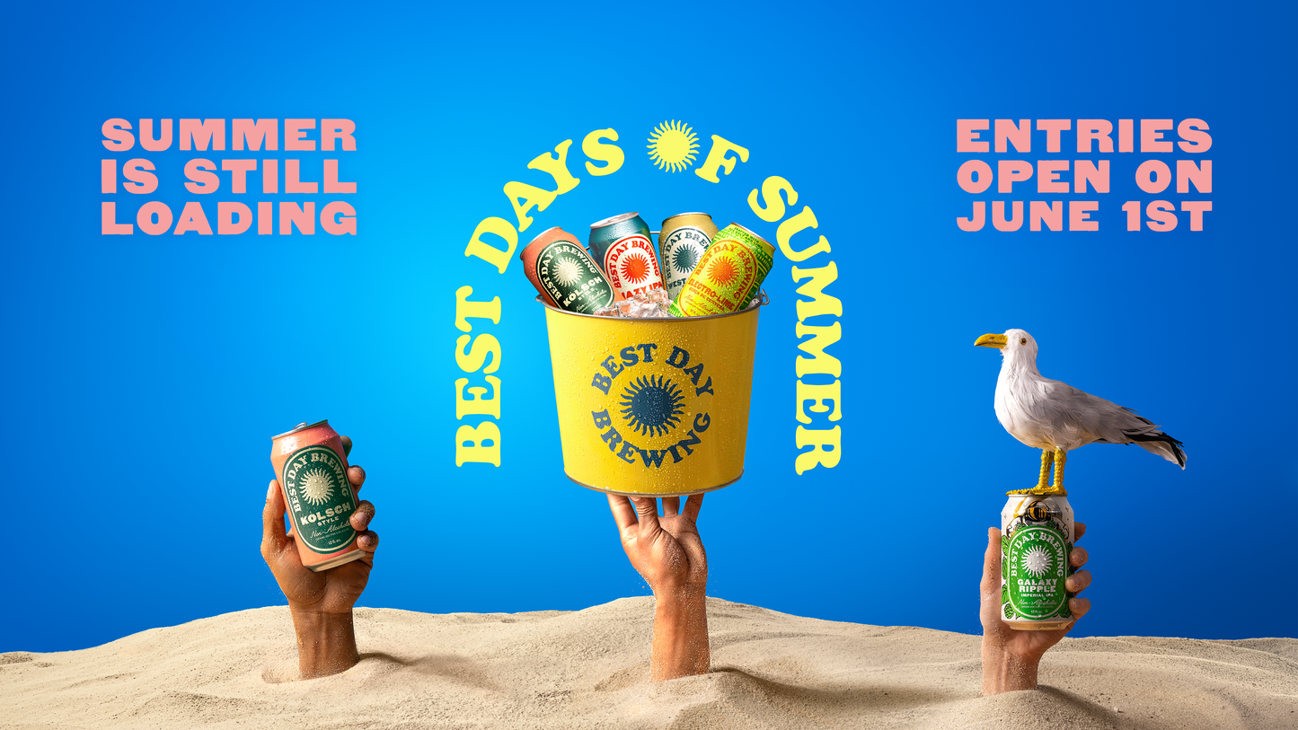 Promotional graphic for 'Best Days of Summer' beer campaign with hands holding beer cans and a bucket, set against a blue background.